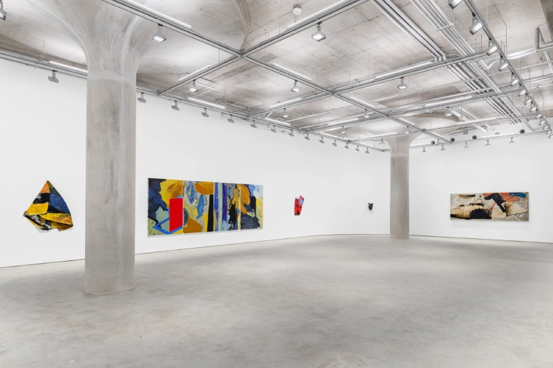 Installation view of abstract paintings displayed in a spacious white gallery.