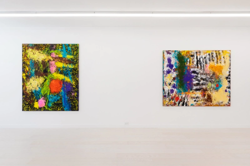 Two colorful abstract mixed-media works mounted on a white wall.